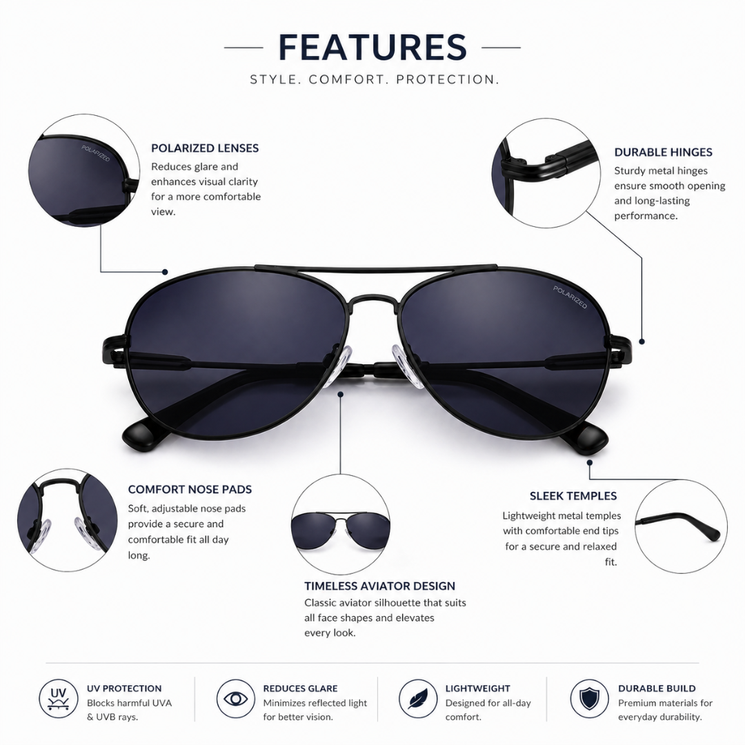 Black Aviator Trendy Polarized Sunglasses for Men